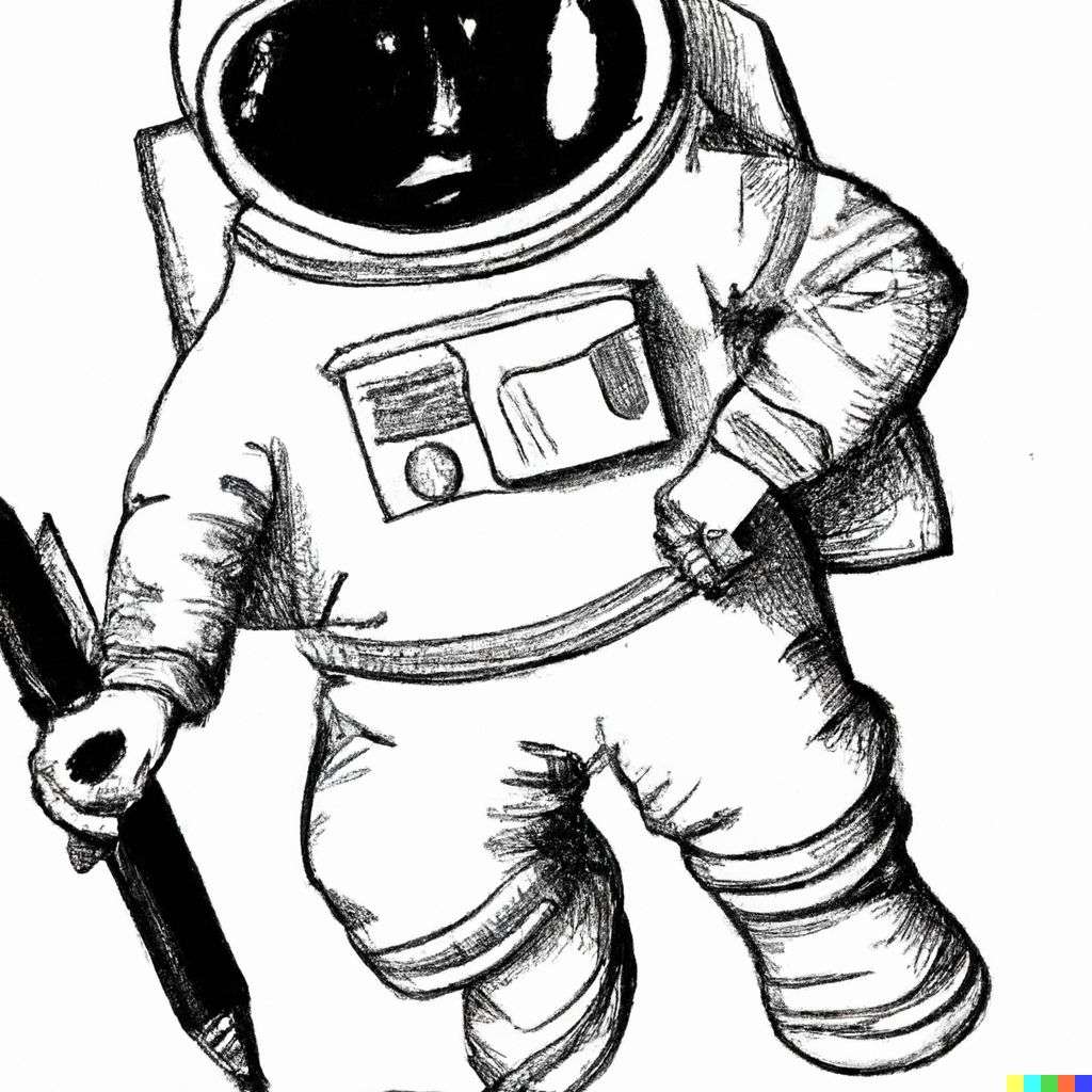 an astronaut, pen and ink caricature